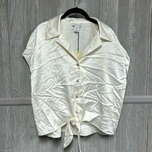 Rachel Zoe White Short Sleeve Faux Satin Top NWT Size Large